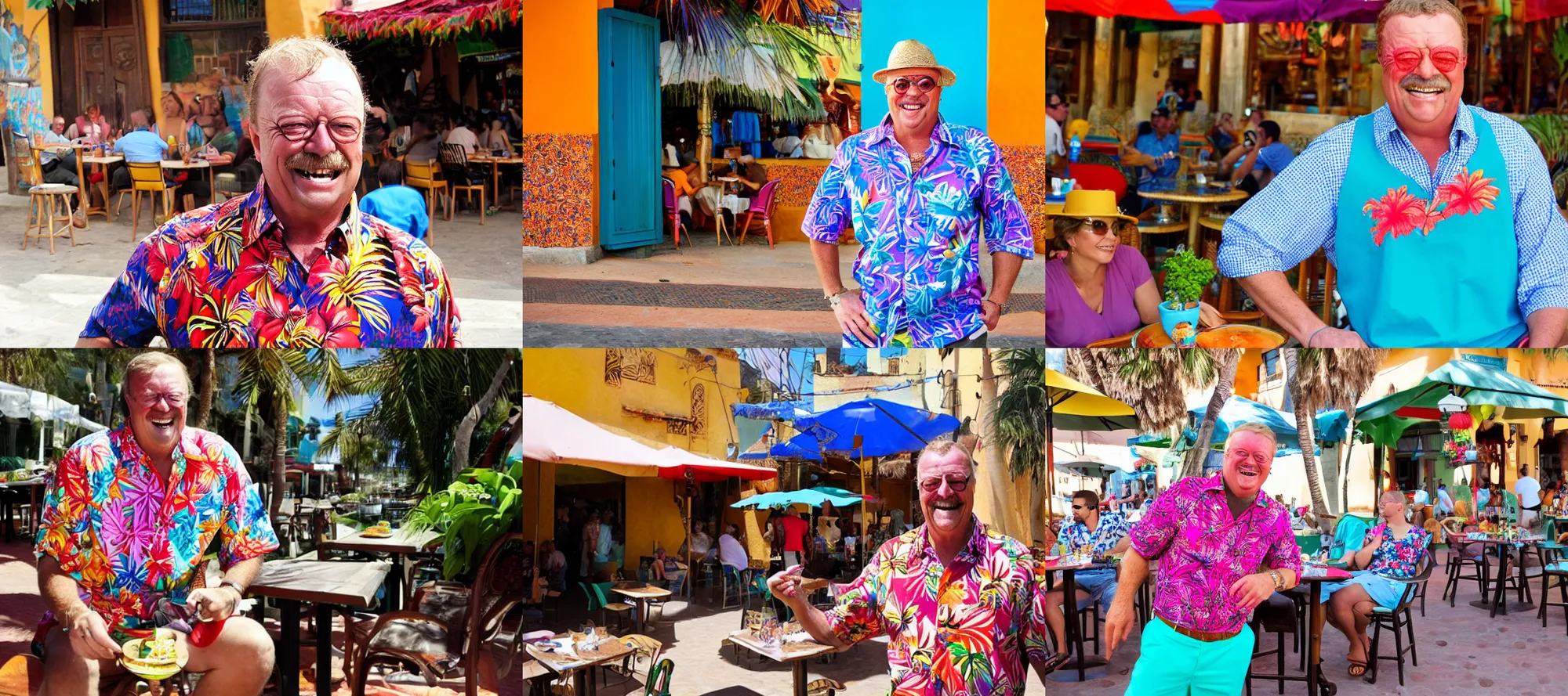 Prompt: a colorful vibrant candid vacation modern 2010 photo of theodore roosevelt smiling in morroco wearing shorts and an aloha shirt Marrakesh cafe in background