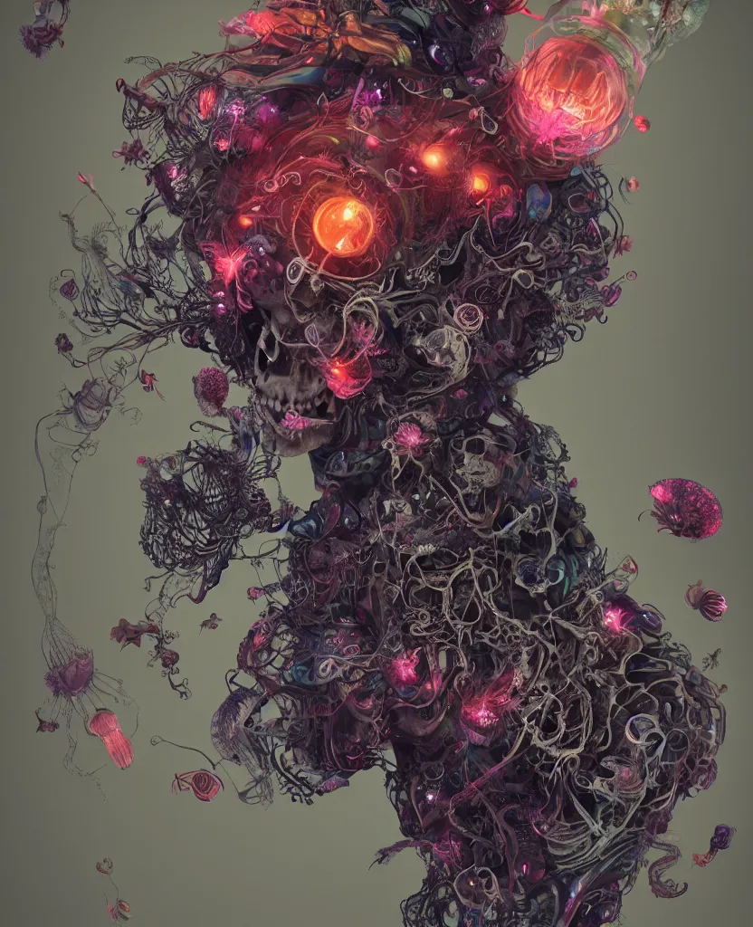 Image similar to close-up portrait goddess skull, thorax, x-ray, backbone, jellyfish phoenix head, nautilus, orchid, skull, betta fish, bioluminiscent creatures, intricate artwork by Tooth Wu and wlop and beeple. octane render, trending on artstation, greg rutkowski very coherent symmetrical artwork. cinematic, Triadic color scheme, hyper realism, high detail, octane render, 8k