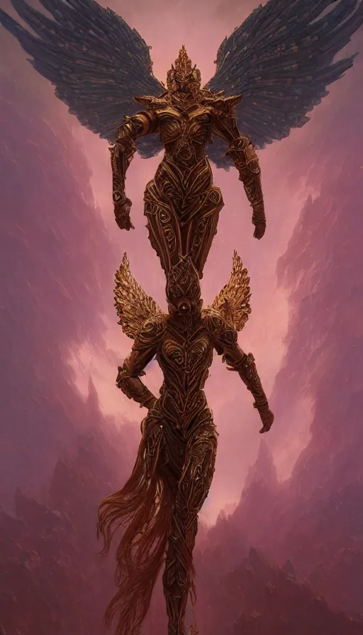 Image similar to ascending dark full body redhead goddess angel, madison beer, intricate armor, highly detailed, glowing, action pose, cinematic, art deco, gold filigree, ethereal, alfonso mucha, zdzisław beksinski, andrei ryabovichev, shaun tan, chriss foss, peter mohrbacher, 4 k