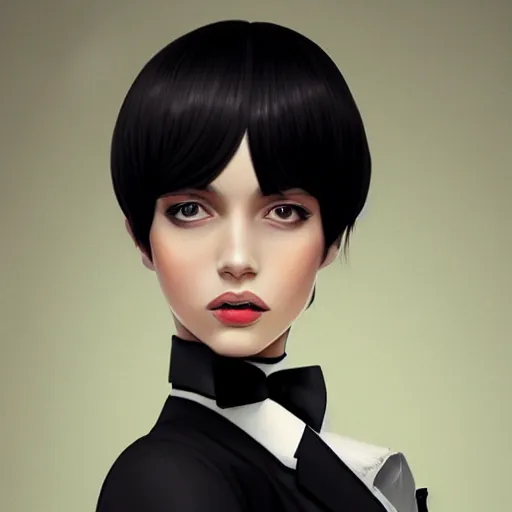 Image similar to slim girl in tuxedo with short black hair, elegant, 2d, ultra highly detailed, digital painting, smooth, sharp focus, artstation, art by Ilya Kuvshinov