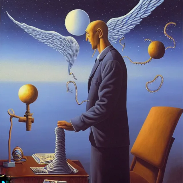 Image similar to an oil on canvas portrait of a man at an office making a deal with an angel, surrealism, surrealist, lovecraftian, cosmic horror, rob gonsalves, high detail