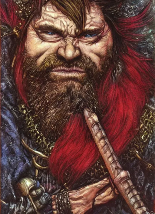 Image similar to portrait of dwarf sorcerer, beautiful! coherent! dungeons and dragons character, by brian froud, larry elmore, gerald brom, ralph horsley strong line, deep color, chainmail, short red hair, high contrast