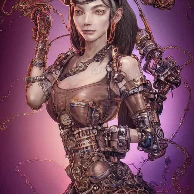 Image similar to the portrait of true neutral semi - colorful female steampunk cyborg mechanist as absurdly beautiful, gorgeous, elegant, young swimsuit model, an ultrafine hyperdetailed illustration by kim jung gi, irakli nadar, intricate linework, bright colors, octopath traveler, final fantasy, unreal engine 5 highly rendered, global illumination, radiant light, detailed and intricate environment