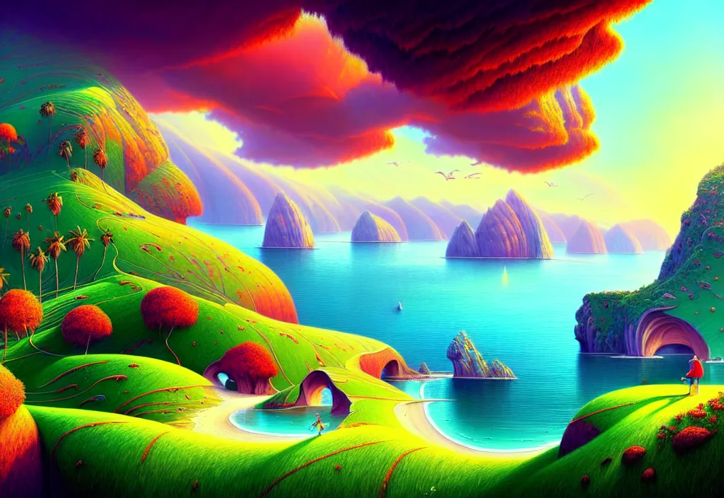 Image similar to A beautiful illustration of a breathtaking nature landscape, vivid colors, hills, ocean, cliffs, palm trees, by Gediminas Pranckevicius ,trending on artstation, WLOP ,cgsociety , trending on cgsociety, Michaelangelo, bokeh, fractal Thunder glow by dan mumford