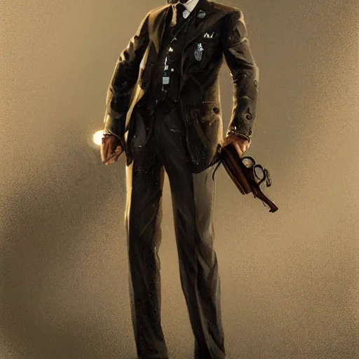 Image similar to reginald hargreeves with a cane and a revolver, wearing a pocket watch, cyber punk setting, time travel deep focus, turnaround, fantasy, intricate, elegant, highly detailed, digital painting, artstation, concept art, matte, sharp focus, illustration, art by artgerm and greg rutkowski