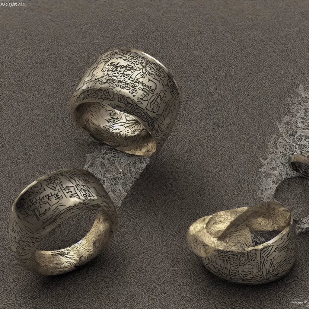 Image similar to the ring from lord if the rings with an imprinted ruler, cm scale imprinted on the inside of the ring, one ring to rule them all, highly detailed, 8 k, trending on artstation, mystic, rpg artwork