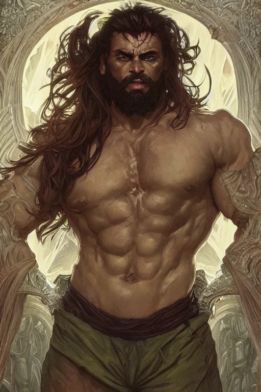 Image similar to portrait of gigachad as a hulking herculean demon, forest, godlike, full body, fantasy, intricate, elegant, highly detailed, digital painting, artstation, concept art, sharp focus, illustration, art by artgerm and greg rutkowski and alphonse mucha