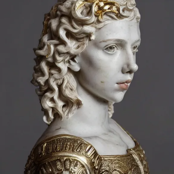Prompt: a white art nouveau marble sculptural bust of a worried young scarlett johansson as joan of arc with long, flowing hair, wearing intricate gold plate armor on her chest, delicate, intricate, smooth, beautiful, by charles van der stappen
