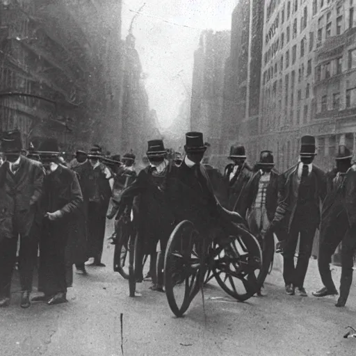 Image similar to a vintage photography of slenderman rampage through New York Streets, 1900's,