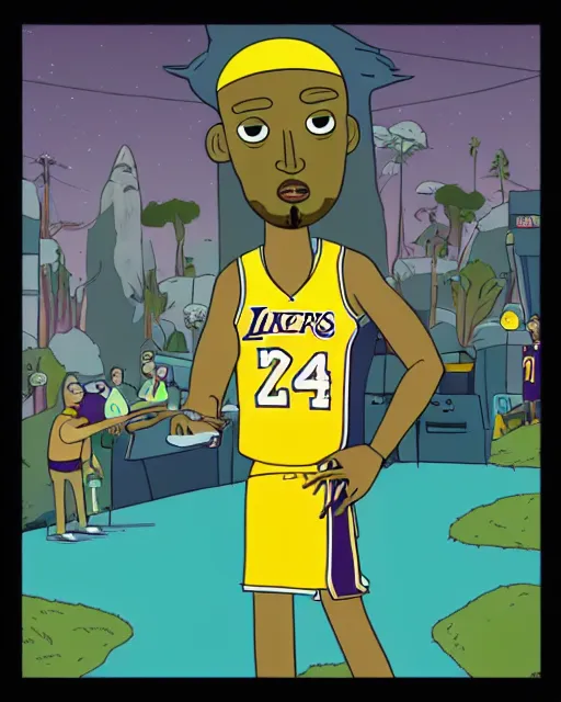 Image similar to kobe bryant in the style of justin roiland, cinematic lighting, style of rick & morty, photographic, photography. by justin roiland