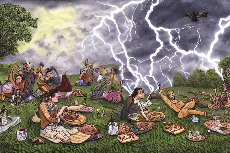 Image similar to a detailed illustration of a god ruining a picnic in the park, nightmare in the park, calamity, dark storms with lightning, ultrawide lens, aerial photography, natural disaster, 8 k, art by the unemployed philosophers guild