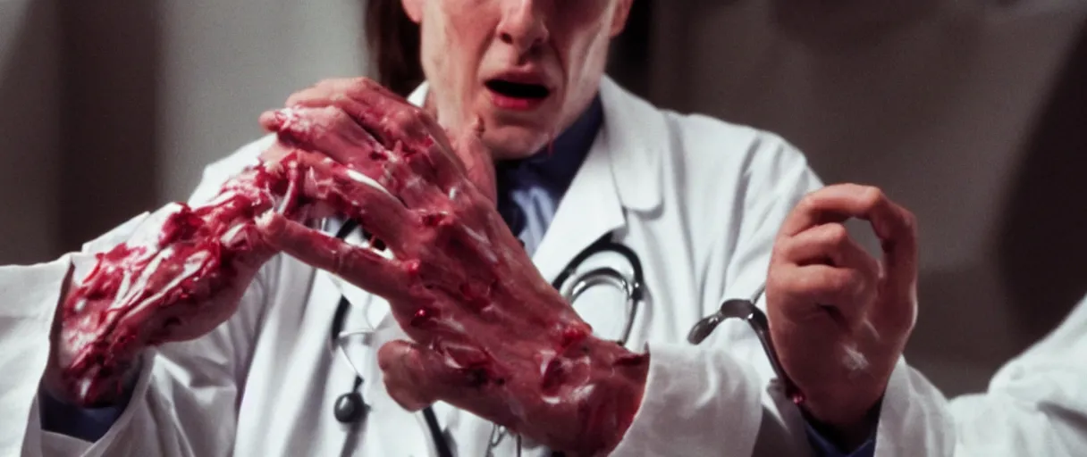 Prompt: filmic dutch angle movie still 4k UHD 35mm film color photograph of a screaming horrified doctor looking down at his bleeding wrist, his hand has been completely mangled