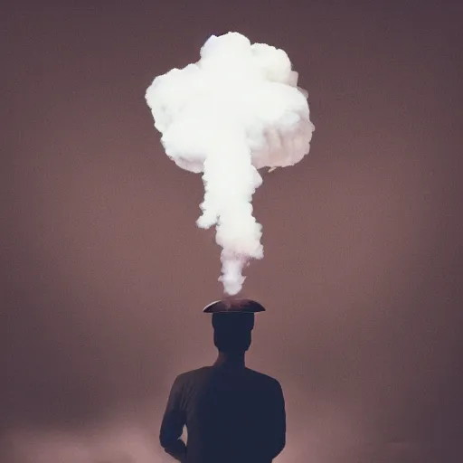 Prompt: man with head as a mushroom cloud