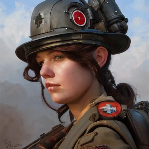 Prompt: a portrait of a woman medic during a battlefield, highly detailed, centered, digital painting, artstation, concept art, donato giancola, Joseph Christian Leyendecker, WLOP, Boris Vallejo, Breathtaking