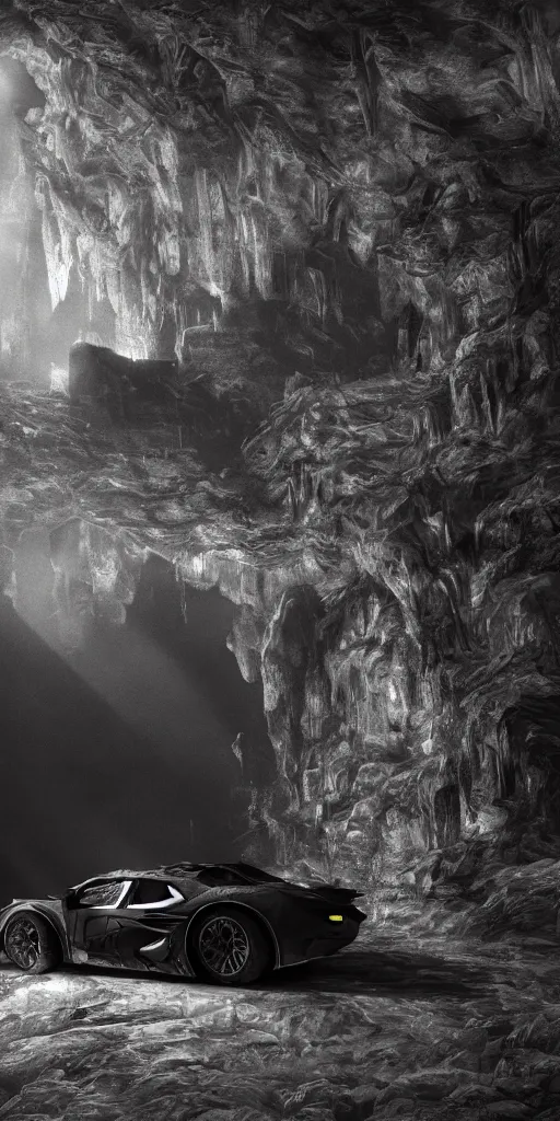 Image similar to the batmobile standing in a very dark and wet cave. highly detailed. intricate. mist. atmospheric. rim light. photorealistic. 8 k. monochrome. rays of light filling the cave. cinematic. matte painting. cinema 4 d. octane render. imagined by ash thorp. ambient occlusion. global illumination.