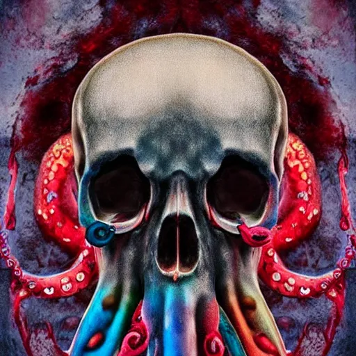 Prompt: bleeding colors skull octopus hybrid, big budget movie scene, horror reality, award winning photograph, cinematic lighting, realistic!, hyperrealism, realistic refine flavor, real photo