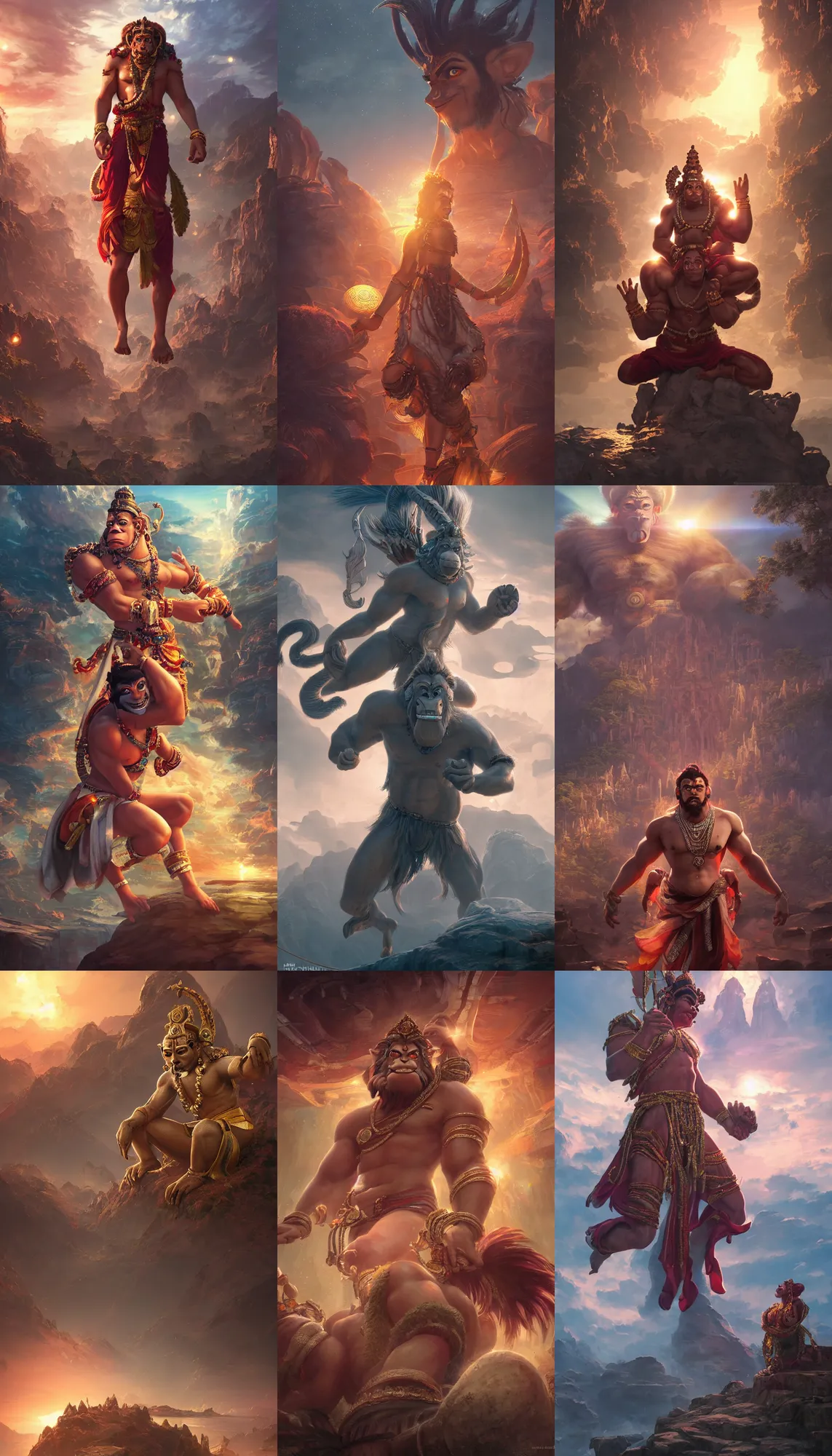 Prompt: movie stills, with cryengine techno artwork, with unreal engine. hanuman gets together with the gods against the background of the universe. highly detailed, volumetric lighting, sharp focus, bokeh, trending on art station, digital painting by wlop, rossdraws, artgerm.