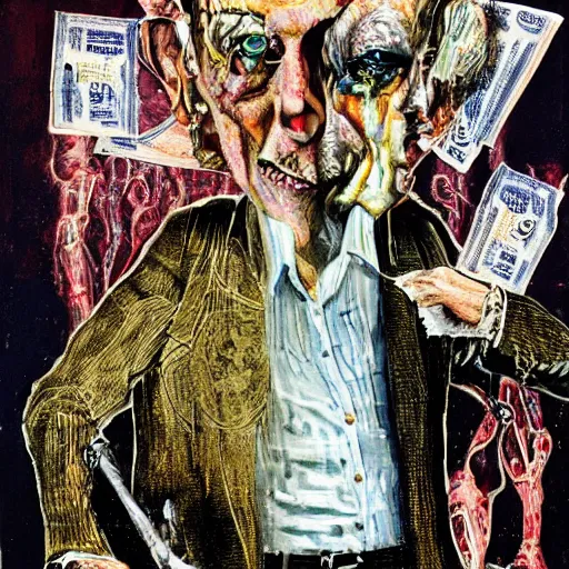 Image similar to Jacob Rothschild full body shot, dollar bills Body horror, biopunk, by Ralph Steadman, Francis Bacon, Hunter S Thompson