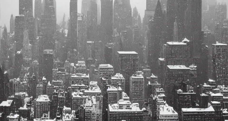 Prompt: image of new york in the winter, black and white photograph by andre kertesz