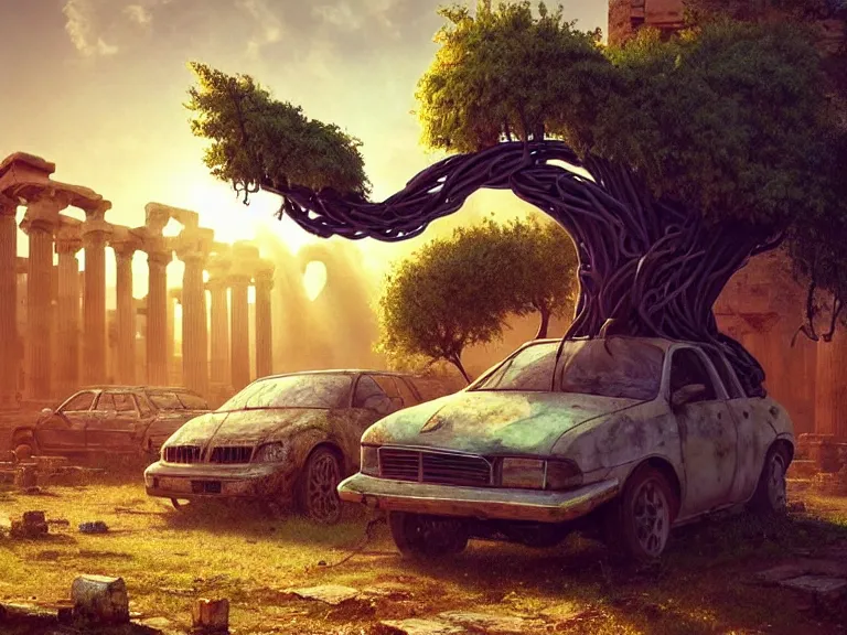 Prompt: a tree growing on a scrap car in ancient greek ruins, gray wasteland, many overgrown scrap cars, pillars and arches, colorful flowers, vines, cinematic, ray of golden sunlight, alphonse mucha, greg rutkowski, trending on artstation, artgerm, breathtaking, smooth, mark arian, award winning