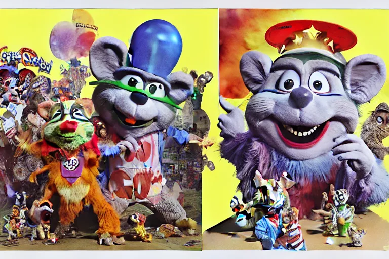 Prompt: a hyperrealist watercolour character concept art portrait of chuck e. cheese and showbiz pizza place. birthday party apocalypse. by rebecca guay, michael kaluta, charles vess and jean moebius giraud