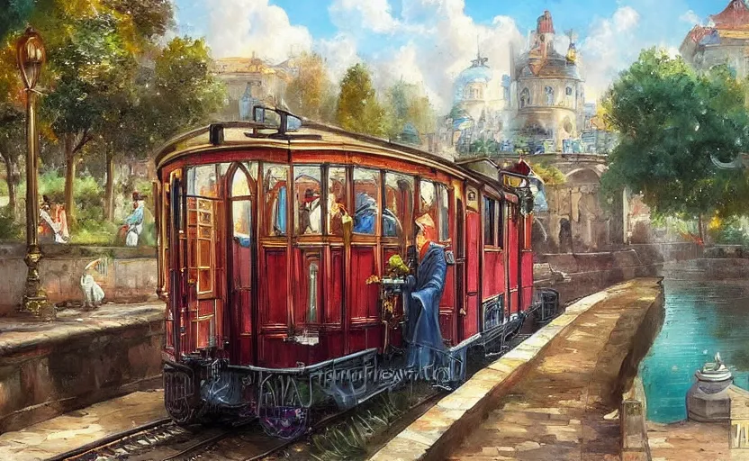 Image similar to Beautiful alchemy urban train that rides inside of a waterway on a fantasy city, next to a fountain and a mystical palace. By Konstantin Razumov, highly detailded