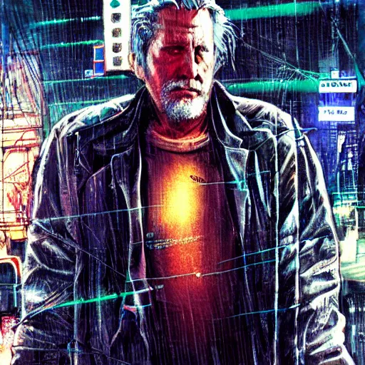 Image similar to Armitage from the novel Neuromancer, washed up, old ex military, old man, portrait shot, wires, cyberpunk, dramatic light, cyberpunk city in the background, movie illustration, poster art by Drew Struzan