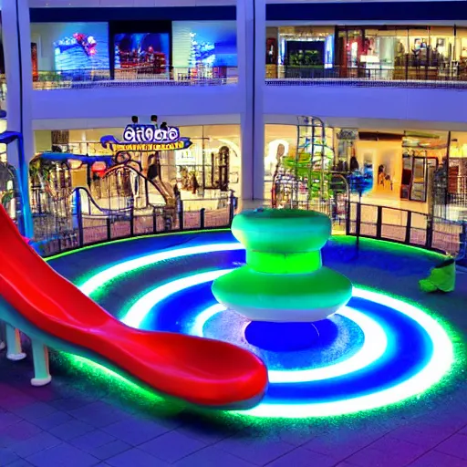 Prompt: A futuristic mall with a playground at night