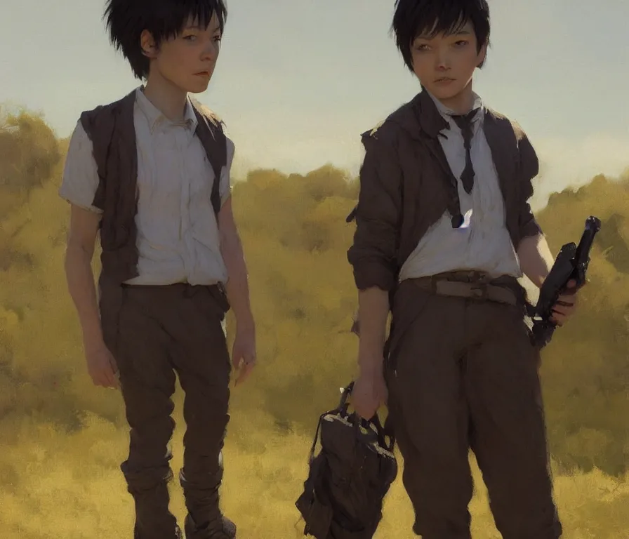 Prompt: androgynous girl pretends to be a boy at school. concept art by greg rutkowski, john j. park, jason chan, noah bradley, feng zhu, gintas galvanauskas, gustave courbet, rosa bonheur, edward hopper. sharp focus, cinematic atmosphere, detailed and intricate, perfect anatomy