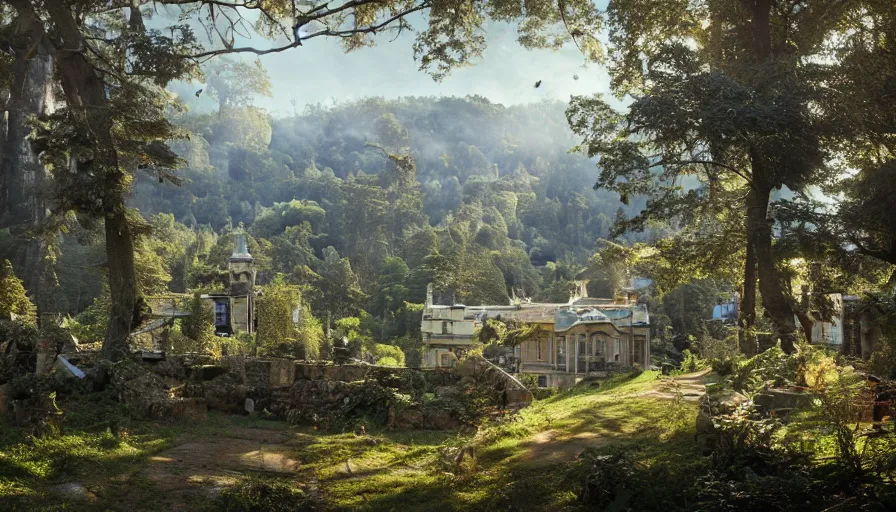 Image similar to view from a victorian manor house balcony overlooking a forest valley, highly detailed, architecture, sunny, blue sky, cinematic lighting, highly angle, godrays, volumetric, digital art painting by greg rutkowski