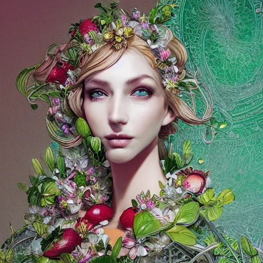 Image similar to the portrait of an absurdly beautiful, graceful, elegant, sophisticated, fashionable woman made of strawberries and green petals looking up, an ultrafine hyperdetailed illustration by kim jung gi, irakli nadar, intricate linework, bright colors, octopath traveler, final fantasy, unreal engine 5 highly rendered, global illumination, radiant light, detailed and intricate environment