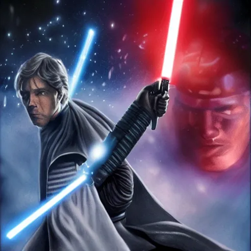 Image similar to starkiller from the force unleased having a lightsaber duel with luke skywalker ultrarealistic, foggy, dramatic,