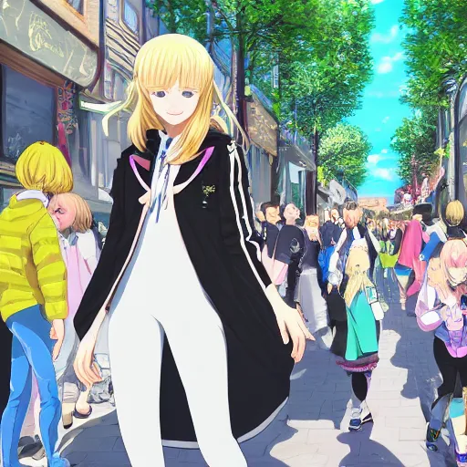 Image similar to blonde - haired princess, anime princess, wearing black jacket and white leggings, looking through crowd, town street, festival street, trees, green trees, blue lighting, blue sunshine, strong lighting, strong shadows, vivid hues, ultra - realistic, sharp details, subsurface scattering, intricate details, hd anime, 2 0 1 9 anime