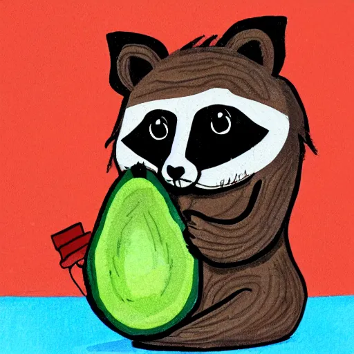 Prompt: children's book style illustration of a grumpy raccoon eating an avocado