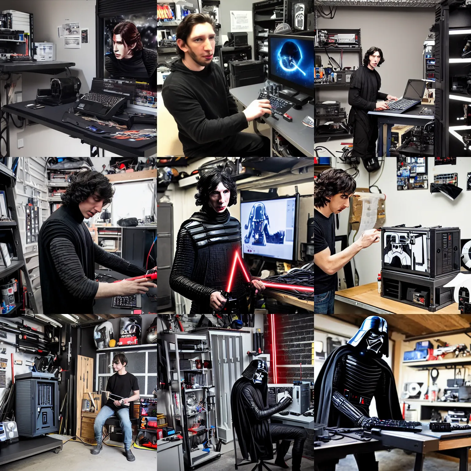 Prompt: Kylo Ren building a pc in his garage, photograph, star wars, highly detailed