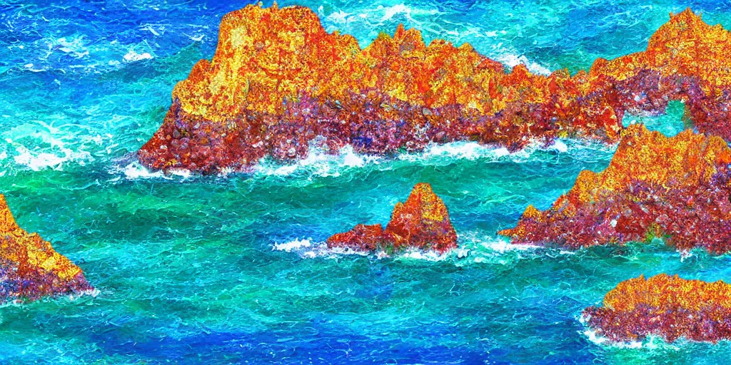 Image similar to glittering multicolored crystal cliffs, viewed from the ocean, high quality digital art,