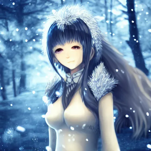 Prompt: portrait focus of knight beautiful 3D anime girl, fluffy armor wearing, dark forest background, snowing, bokeh, inspired by Masami Kurumada, digital painting, high contrast, unreal engine render, volumetric lighting, high détail