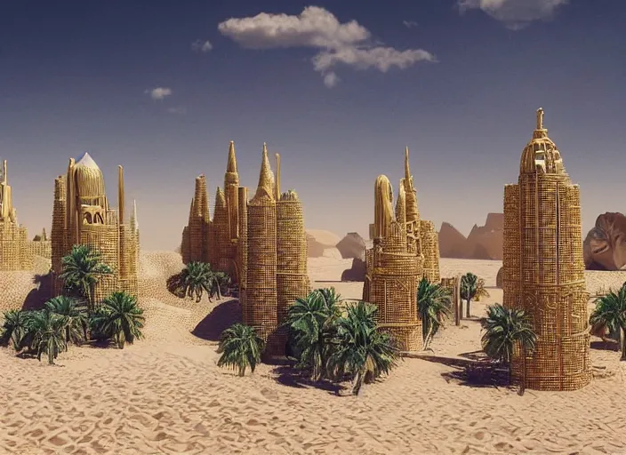 Image similar to cover concept art of the lost sand city, levitating sand, ground view, golden towers, golden pillars, palm trees, space and time, floating objects, post-processing, in the style of Hugh Ferriss, Behance, Artgerm. High detail, ultra realistic render, octane, 3D, photorealism, symmetric, cinematic