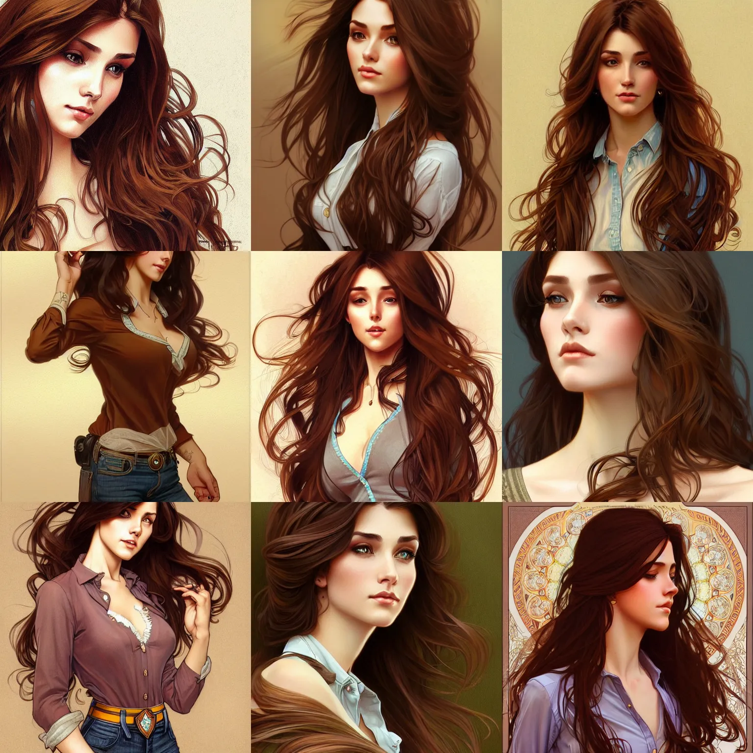 Prompt: a gorgeious woman with long brown hair wearing a blouse and jeans, highly detailed, digital painting, artstation, concept art, smooth, sharp focus, illustration, art by artgerm and alphonse mucha