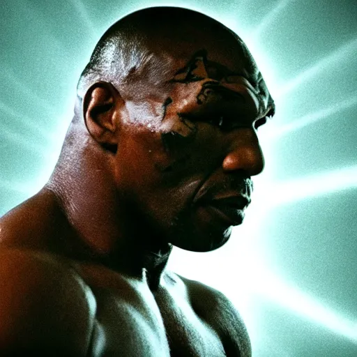 Image similar to a still of mike tyson, cinematic, 4 k, god rays through fog