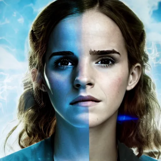 Image similar to Photograph. Double exposure. Emma Watson as Hermione Granger. Natalie Portman as Padme Amidala. Smokey. Dramatic lighting. Color graded. Blue and grey. Extremely detailed. Cinematic.