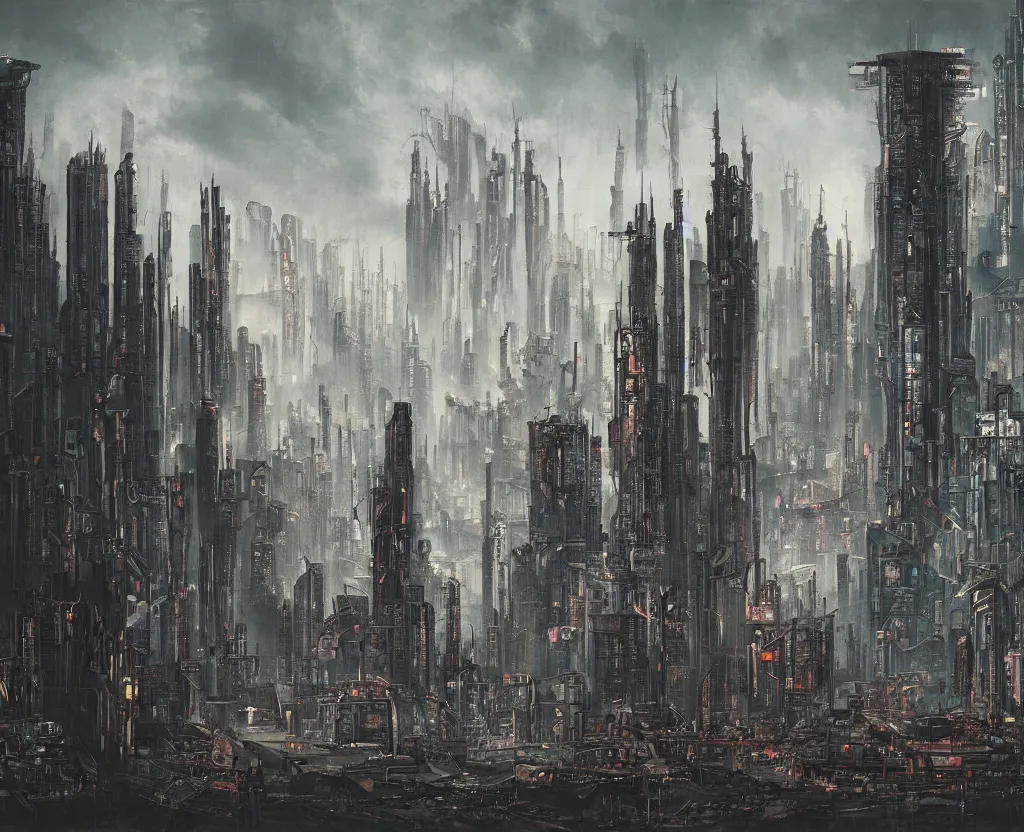 Prompt: a Dystopian gothic surrealism painting of a cyberpunk megalopolis