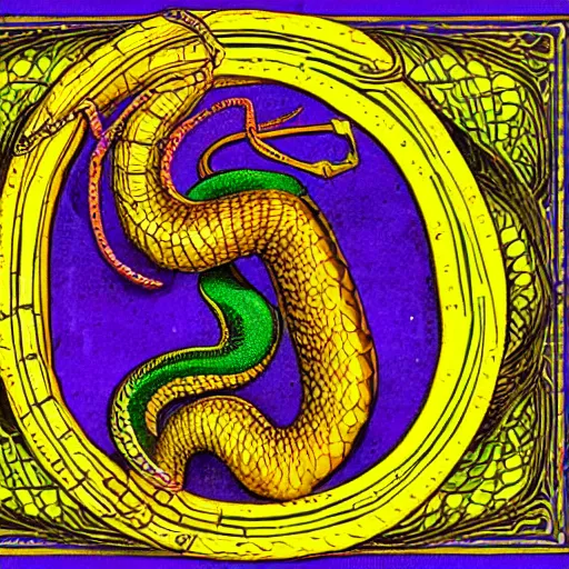 Image similar to a snake biting itself in the center of a tarot card with intricate details in the frames, symmetry, golden ratio, arab letters, colors: yellow, blue, violet, red, green, 4k, high quality render.