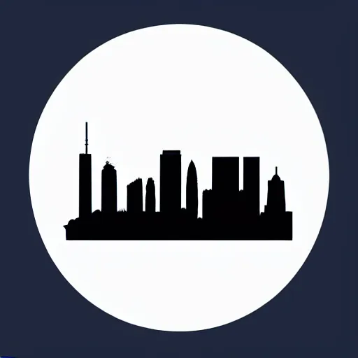 Image similar to a perfect circle, the outer edge of the circle is hugged by the silhouette of a city skyline, black and white, minimalist, in the style of a line drawing