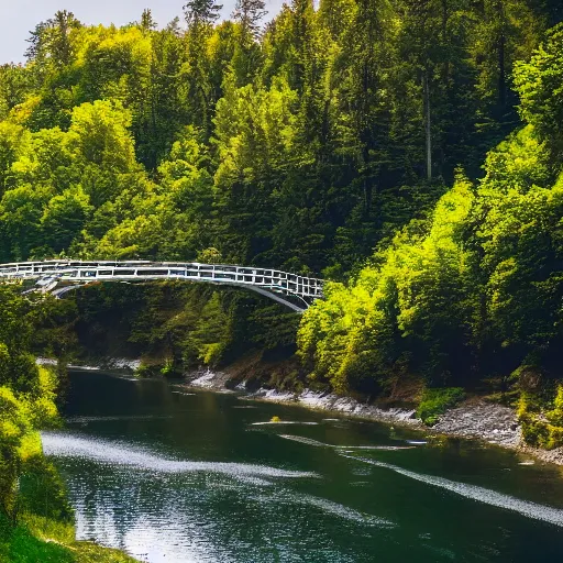 Prompt: bridge over a river within a large valley, scenic, blue sky above, trees in background, hd, 8k