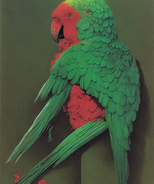 Image similar to beautiful emerald green parrot with red aura and eyes, by zdzisław beksinski, by gustave dore