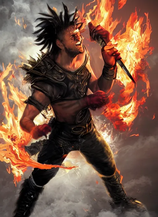 Image similar to An epic fantasy comic book style portrait painting of young man with red spiked long hair, using an orange lens googles. Wearing white shirt, a black waistcoat, brown pants and black boots. He is throwing a wild fire blast from his hands, with a vicious smile in face. Unreal 5, DAZ, hyperrealistic, octane render, cosplay, RPG portrait, dynamic lighting