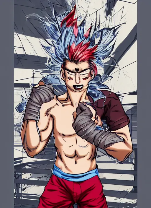 Image similar to a young man of 2 5 years old, with a bruised face and bruises, is standing in a doorway in a boxer's stance, casual clothing style, by james jean art, by boichi manga style, hairstyle red mohawk, cold colors, comics style, angry 8 k