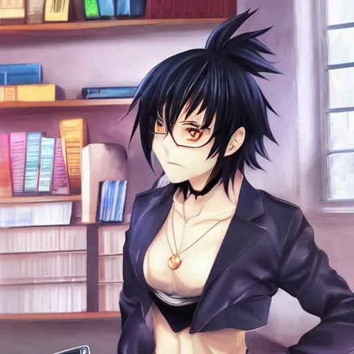 Image similar to aloof anime man with black emo hair wearing baggy shorts, standing in headmistress's office, smug grin, smug expression, punchable expression, punchable face, he's a jerk, sharp details, subsurface scattering, intricate details, art by artgerm, anime, anime hd wallpaper, 2 0 1 9 anime screenshot