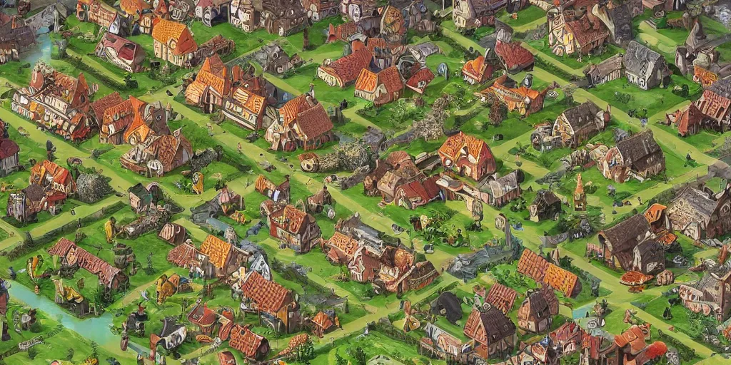Prompt: isometric strategy game view, 1 8 th century german village, amazing detail, game art by moebius,